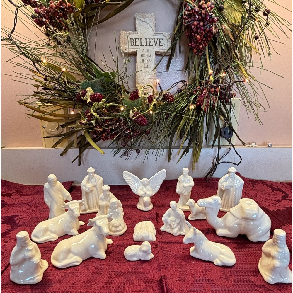 Handmade Vintage White Ceramic Nativity - 17 pieces